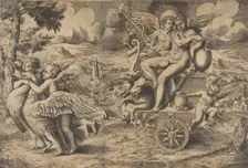 The triumph of Cupid and Psyche who are seated on a chariot drawn by two birds rest..., ca. 1550-67. Creator: Giulio Bonasone