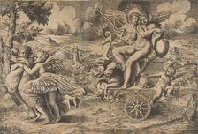 The triumph of Cupid and Psyche who are seated on a chariot drawn by two birds rest..., ca. 1550-67. Creator: Giulio Bonasone