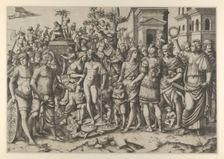 The triumph of a Roman Emperor; a young naked hero stands at center on a pile of armor..., ca. 1510. Creator: Marcantonio Raimondi