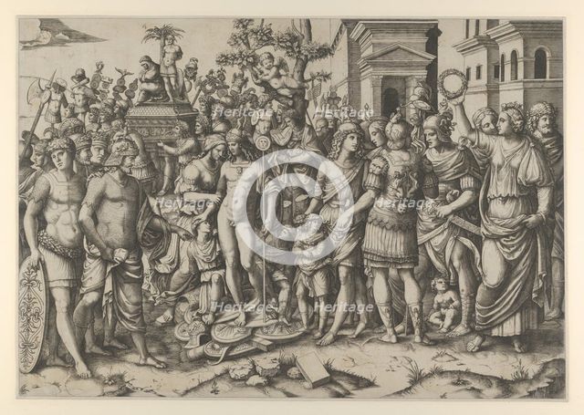 The triumph of a Roman Emperor; a young naked hero stands at center on a pile of armor..., ca. 1510. Creator: Marcantonio Raimondi.