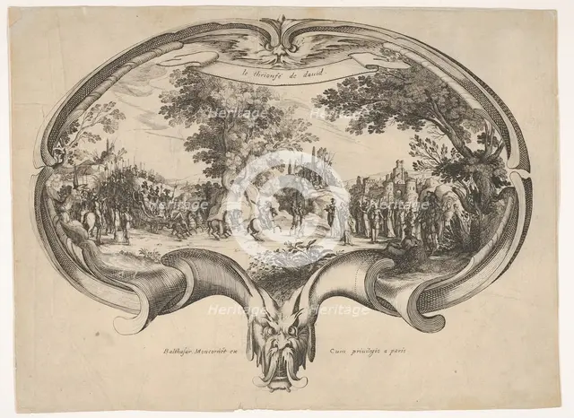 The Triumph of David, from a fan by Jacques Callot. Creators: Charles-Nicolas Cochin, Balthazar Moncornet.
