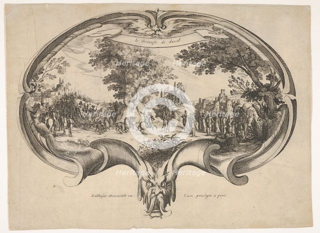 The Triumph of David, from a fan by Jacques Callot. Creators: Charles-Nicolas Cochin, Balthazar Moncornet.