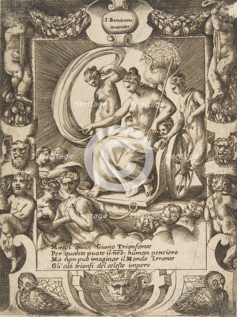 The triumph of Juno who is sat in a carriage, set within a elaborate frame, from the '(..., 1531-76. Creator: Giulio Bonasone.