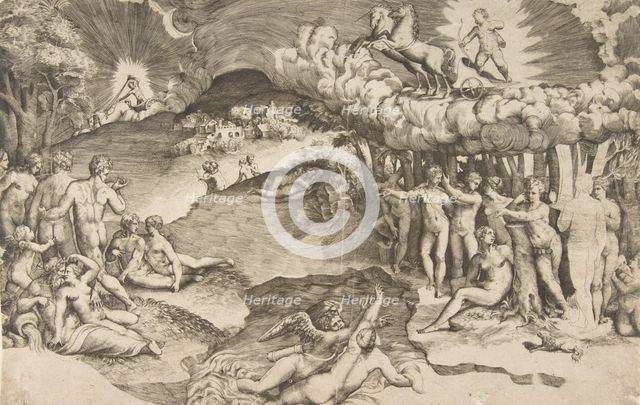 The triumph of love, cupid riding a chariot drawn by unicorn is in the upper right, naked ..., 1545. Creator: Giulio Bonasone.