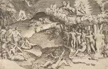 The triumph of love, cupid riding a chariot drawn by unicorn is in the upper right, naked ..., 1545. Creator: Giulio Bonasone