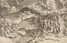 The triumph of love, cupid riding a chariot drawn by unicorn is in the upper right, naked ..., 1545. Creator: Giulio Bonasone