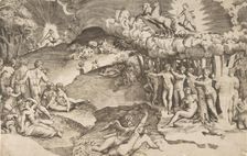 The triumph of love, cupid riding a chariot drawn by unicorn is in the upper right, naked ..., 1545. Creator: Giulio Bonasone