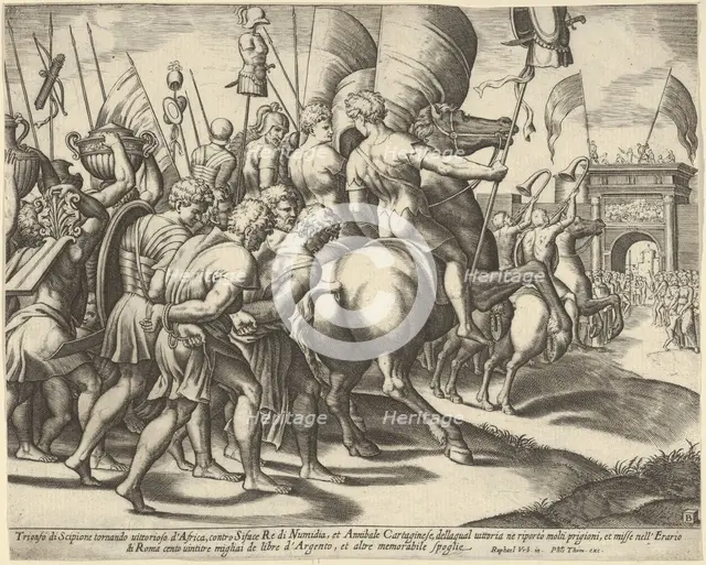 The Triumph of Scipio who rides on a horse followed by captured slaves, 1530-60. Creator: Master of the Die.