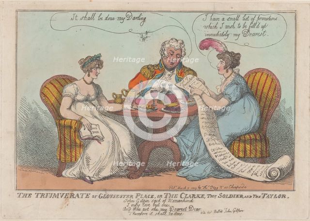 The Triumverate of Gloucester Place, or The Clarke, The Soldier, and The Taylor, 1809., 1809. Creator: Thomas Rowlandson.