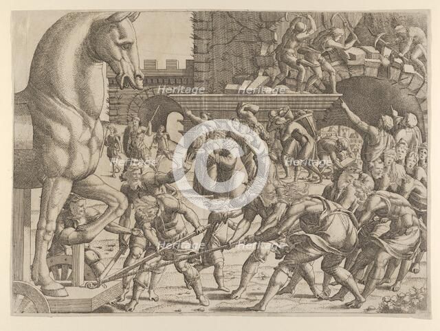 The Trojans Bring the Wooden Horse into Their City, 1535-55. Creator: Jean Mignon.