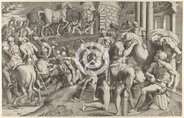 The Trojans hauling the wooden horse into Troy, 1545. Creator: Giulio Bonasone.