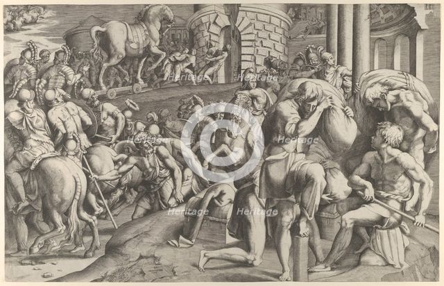 The Trojans hauling the wooden horse into Troy, 1545. Creator: Giulio Bonasone.
