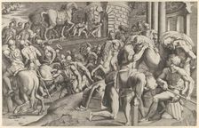 The Trojans hauling the wooden horse into Troy, 1545. Creator: Giulio Bonasone