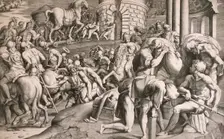 The Trojans Pull the Wooden Horse into the City, 1545. Creators: Giulio Bonasone, Francesco Primaticcio