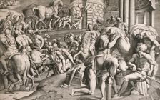 The Trojans Pull the Wooden Horse into the City, 1545. Creators: Giulio Bonasone, Francesco Primaticcio