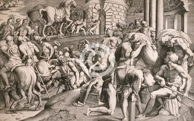 The Trojans Pull the Wooden Horse into the City, 1545. Creators: Giulio Bonasone, Francesco Primaticcio.