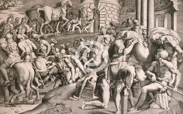 The Trojans Pull the Wooden Horse into the City, 1545. Creators: Giulio Bonasone, Francesco Primaticcio.