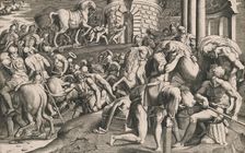 The Trojans pulling the wooden horse into the city, 1545. Creator: Giulio Bonasone