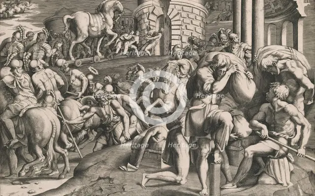 The Trojans pulling the wooden horse into the city, 1545. Creator: Giulio Bonasone.