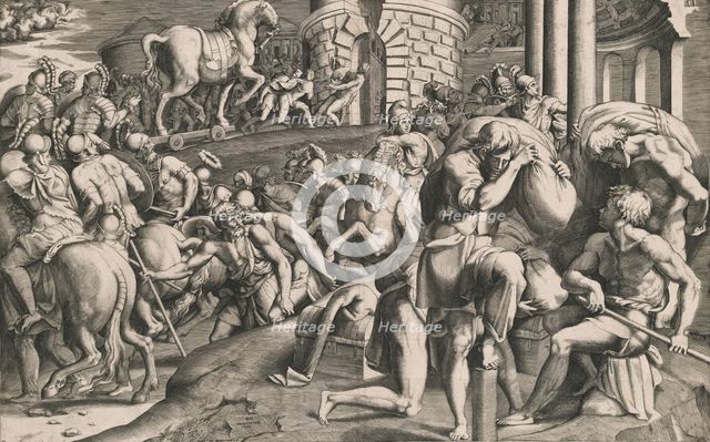 The Trojans pulling the wooden horse into the city, 1545. Creator: Giulio Bonasone.