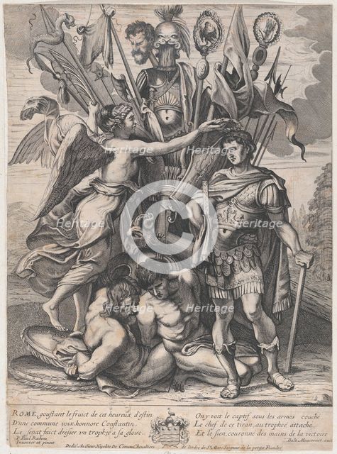 The Trophy of Constantine, with Victory at left crowning the emperor with a laurel,..., ca. 1650-68. Creator: Anon.