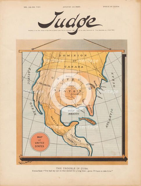 The Trouble In Cuba. Uncle Sam: "I've had my eye on that morsel for a long time guess..., 1895. Creator: Gillam, Bernhard (1856-1896).