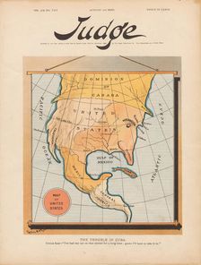 The Trouble In Cuba. Uncle Sam: "I've had my eye on that morsel for a long time guess..., 1895. Creator: Gillam, Bernhard (1856-1896)