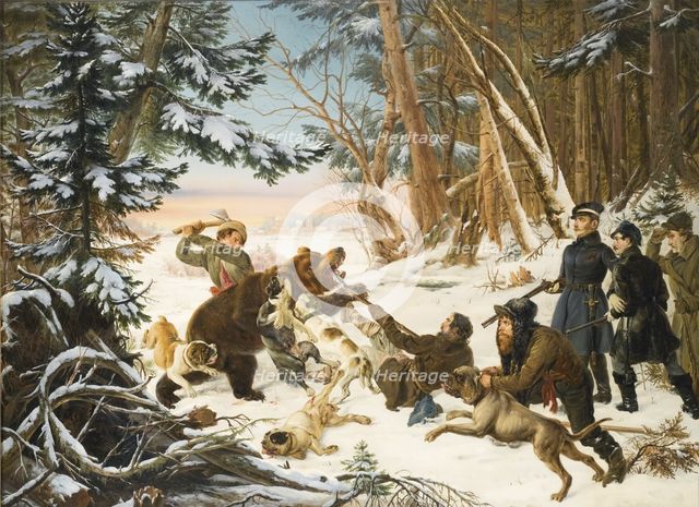 The Tsarevich Alexander Nikolaevich on a Bear hunt on the Outskirts a Moscow, 1843. Artist: Grashof, Otto (1812-1876)