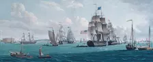 The U. S. Ship Franklin, with a View of the Bay of New York, 1820s or 1830s. Creator: Thomas Thompson