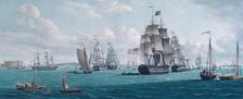 The U. S. Ship Franklin, with a View of the Bay of New York, 1820s or 1830s. Creator: Thomas Thompson