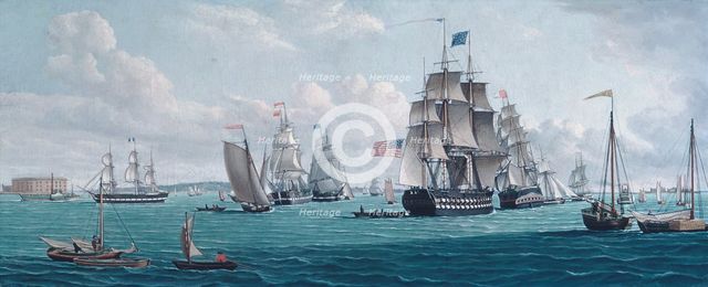 The U. S. Ship Franklin, with a View of the Bay of New York, 1820s or 1830s. Creator: Thomas Thompson.