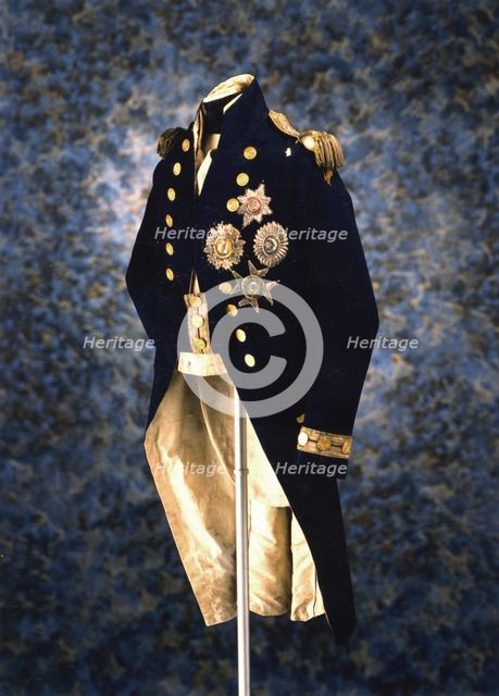 The uniform Admiral Lord Nelson wore when he was killed at the Battle of Trafalgar, 1805. Artist: Unknown