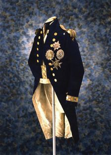 The uniform Admiral Lord Nelson wore when he was killed at the Battle of Trafalgar, 1805