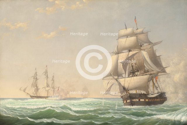 The United States Frigate "President" Engaging the British Squadron, 1815, 1850. Creator: Fitz Hugh Lane.