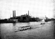 The Universities Boat-Race: from Hammersmith Bridge, 1895. Creator: Stearn
