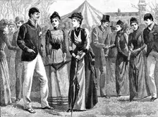 The Universities Boat-Race: on the lawn of the Lyric Club, Barnes, 1890. Creator: P Naumann