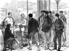 The Universities Boat-Race on the Thames: weighing the crew, 1874. Creator: Unknown
