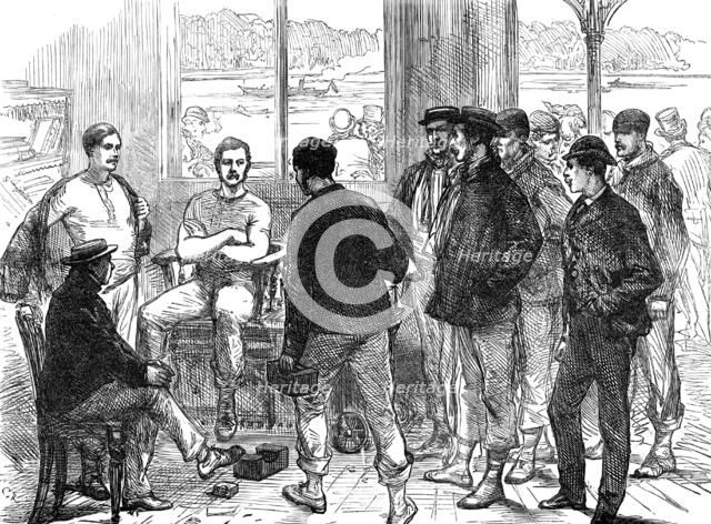 The Universities' Boat-Race on the Thames: weighing the crew, 1874. Creator: Unknown.