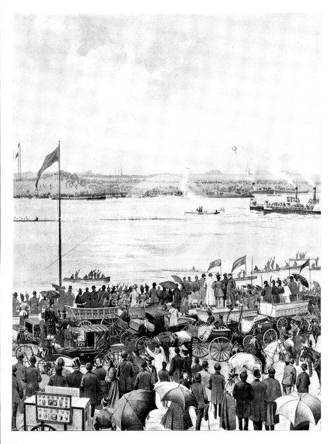 The Universities' Boat-Race: the finish at Mortlake, 1895. Creator: Unknown.
