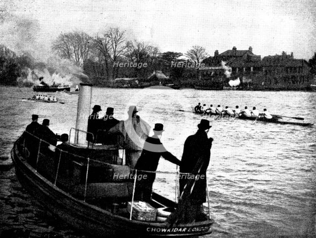 The Universities' Boat-Race: the finish at Mortlake, 1895. Creator: Stearn.