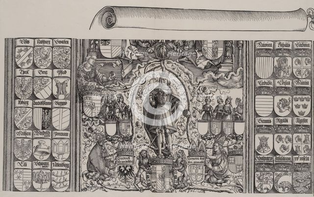 The Upper Portion of the Genealogy of Maximilian; with the Right Edge of the Scroll for th..., 1515. Creator: Hans Springinklee.