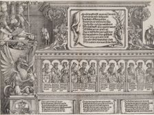 The Upper Section of the Right Portal, with the Inscription on a Stag Skin; a Frieze with ..., 1515. Creator: Hieronymus Andreae