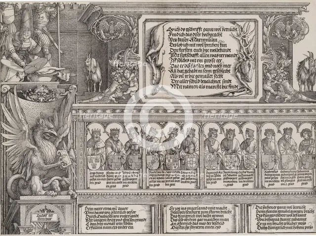 The Upper Section of the Right Portal, with the Inscription on a Stag Skin; a Frieze with ..., 1515. Creator: Hieronymus Andreae.