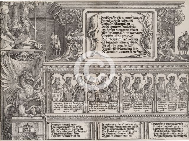 The Upper Section of the Right Portal, with the Inscription on a Stag Skin; a Frieze with ..., 1515. Creator: Hieronymus Andreae.