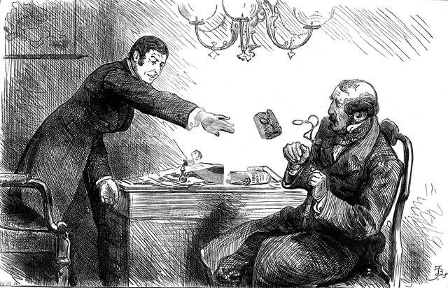 "The usurer...chucked him scornfully an old pocket-book with a ten-pound note inside...", 1880. Creator: Unknown.