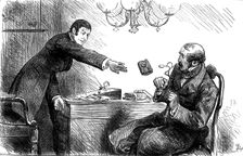 "The usurer...chucked him scornfully an old pocket-book with a ten-pound note inside...", 1880. Creator: Unknown