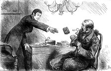 "The usurer...chucked him scornfully an old pocket-book with a ten-pound note inside...", 1880. Creator: Unknown