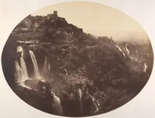 The Valley of the Anio, with the Upper and Lower Cascatelle, Mecenas's Villa, and Dista..., by 1858. Creator: Robert MacPherson