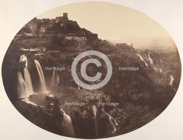 The Valley of the Anio, with the Upper and Lower Cascatelle, Mecenas's Villa, and Dista..., by 1858. Creator: Robert MacPherson.