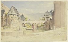 The vanished stone bridge of 1556 over the Wisper in Lorch in the Rheingau, 1853. Creator: Carl Morgenstern